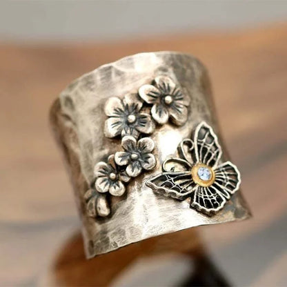 Wide Band Ring with Bee, Flower, and Butterfly Design