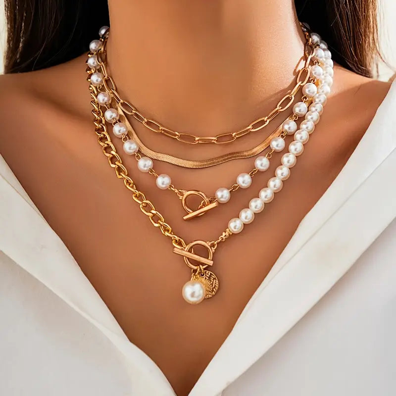 Classic Pearl and Gold Snake Chain Jewelry Set | Gold Tone