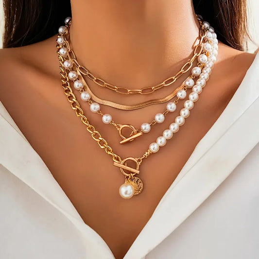 Classic Pearl and Gold Snake Chain Jewelry Set | Gold Tone