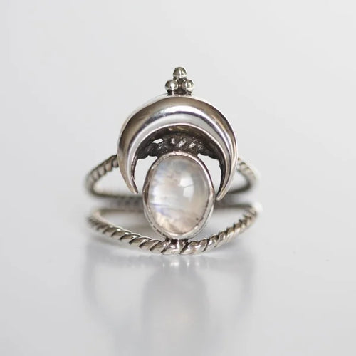 Oval Moon Phase Ring with Rainbow Moonstone
