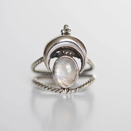 Oval Moon Phase Ring with Rainbow Moonstone