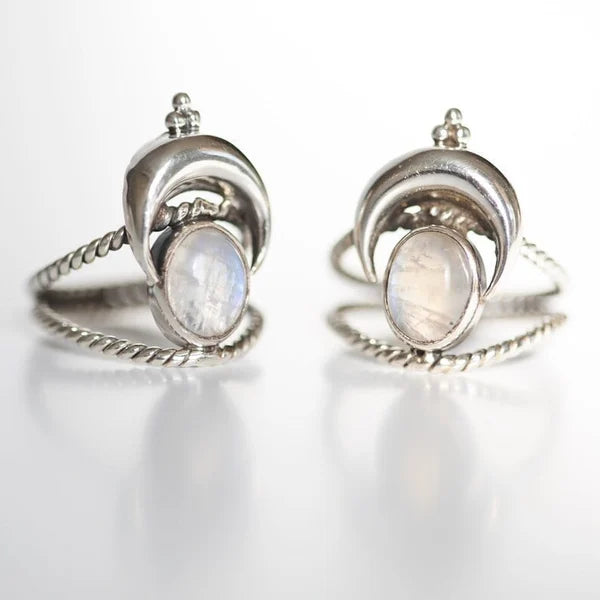 Oval Moon Phase Ring with Rainbow Moonstone