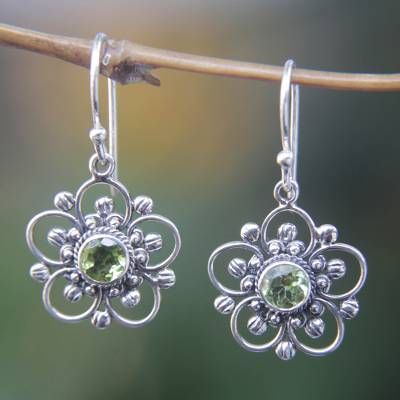 Retro Floral Drop Earrings with Green Zirconia