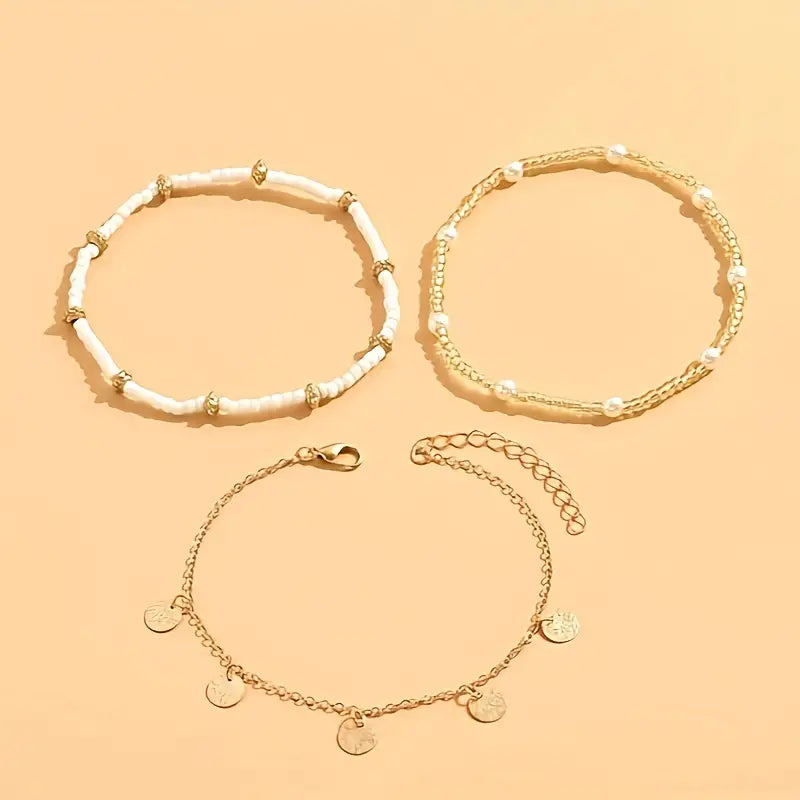 Gold 3-Piece Layered Anklet Set - 'Coastal Magic'