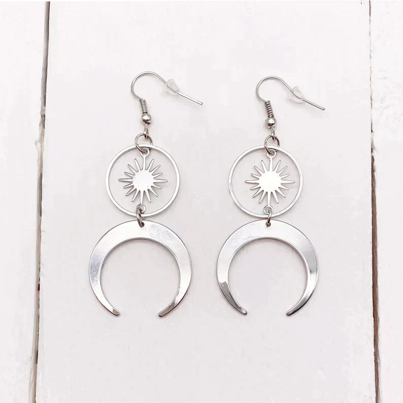 Stainless Steel Crescent Moon Earrings with Solar Talisman