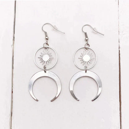 Stainless Steel Crescent Moon Earrings with Solar Talisman