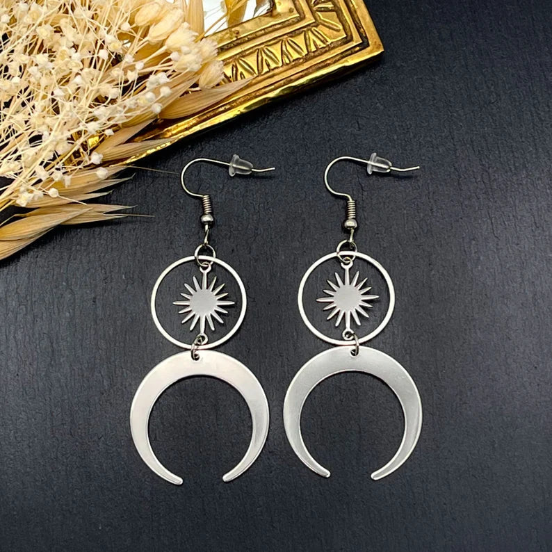 Stainless Steel Crescent Moon Earrings with Solar Talisman