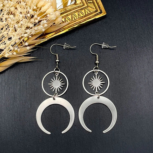 Stainless Steel Crescent Moon Earrings with Solar Talisman