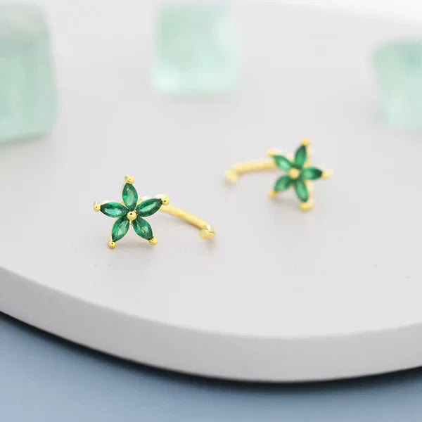 Emerald Green Floral Huggie Hoop Earrings