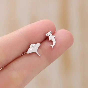 Kawaii Hammerhead Shark & Manta Ray Mismatched Stud Earrings