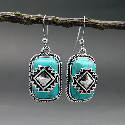 Turquoise Stone Earrings with Ethnic Silver Plating