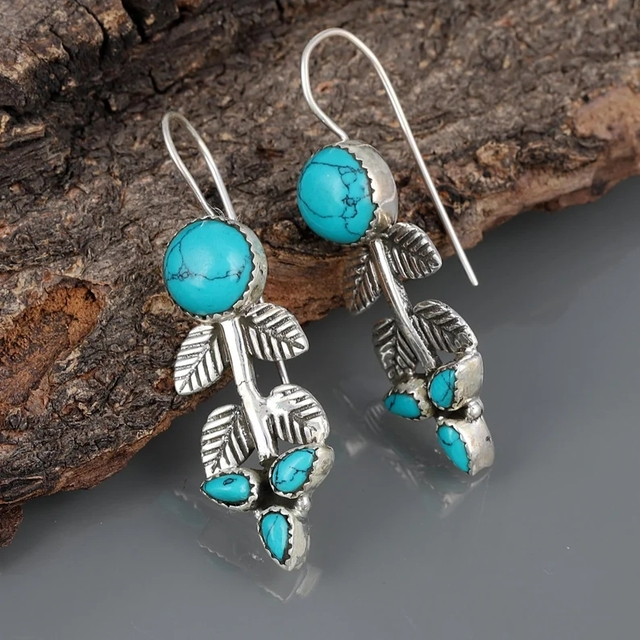 Turquoise Stone Silver Bohemian Earrings