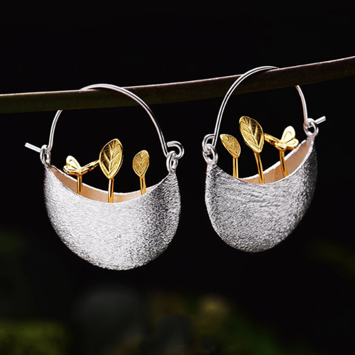 Silver Floral Basket Earrings with Gold Plating
