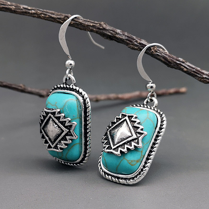 Turquoise Stone Earrings with Ethnic Silver Plating