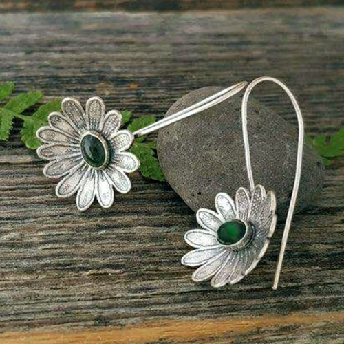 Antique Silver Floral Earrings with Green Gemstone