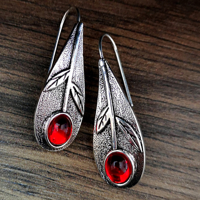 Retro Silver Earrings with Red Crystal Accents