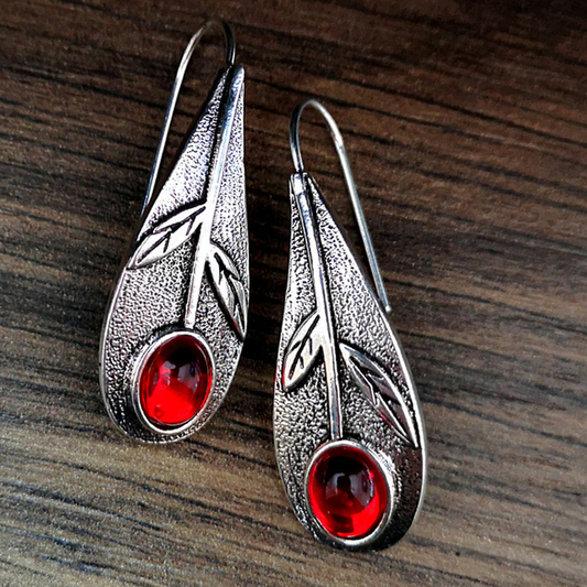 Retro Silver Earrings with Red Crystal Accents