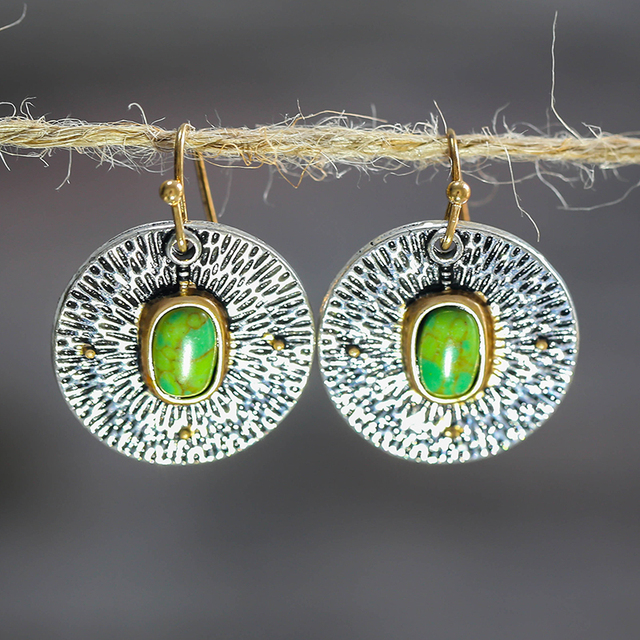 Retro Green Stone Hoop Earrings