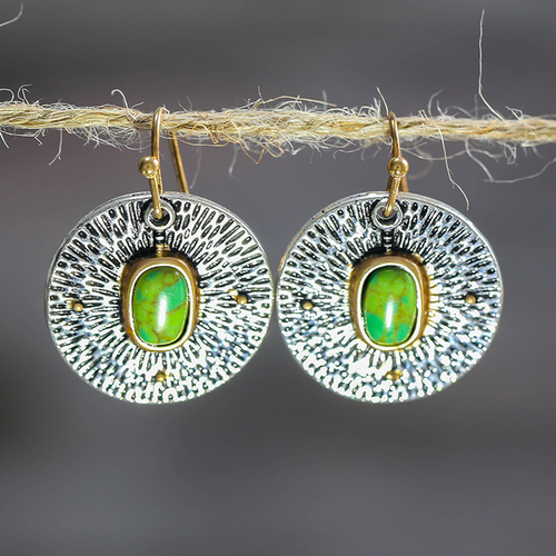 Retro Green Stone Hoop Earrings
