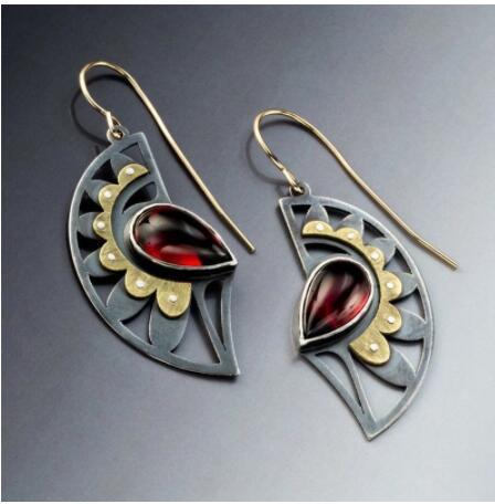 Retro Silver Arch Earrings with Red Crystal Accents
