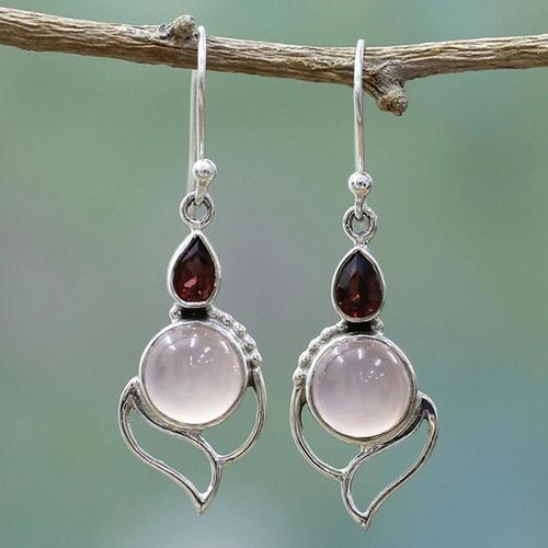 Retro Moonstone and Red Crystal Earrings