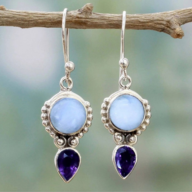 Retro Moonstone and Amethyst Crystal Earrings