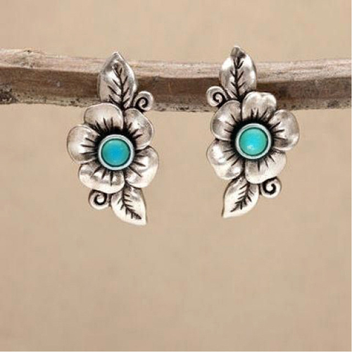 Sterling Silver Boho Earrings Featuring a Blue Opal Flower