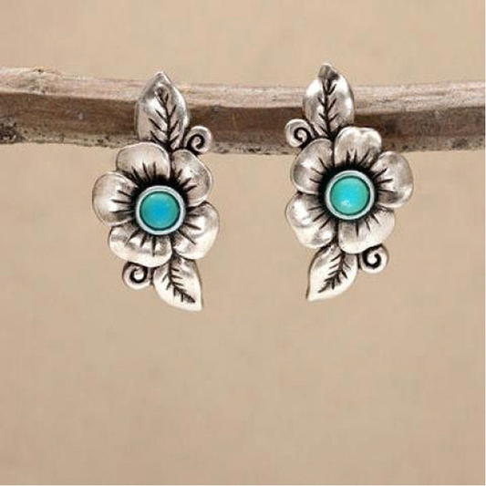 Sterling Silver Boho Earrings Featuring a Blue Opal Flower