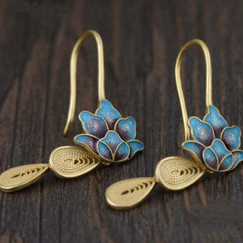 Gold Bohemian Blue Lotus Earrings