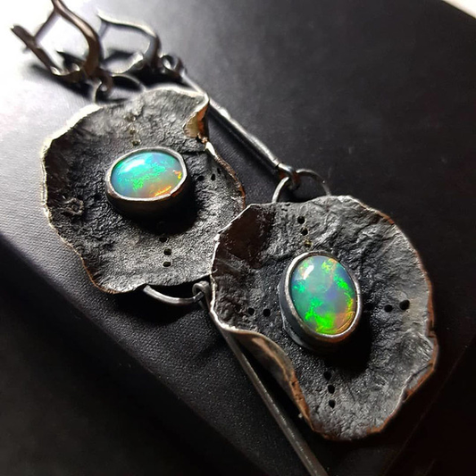 Silver Boho Earrings Featuring Green Opal