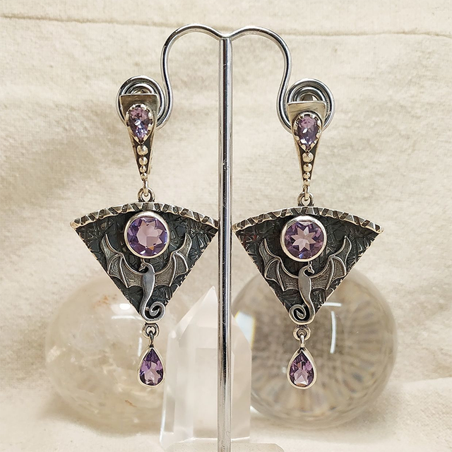 Retro Silver Earrings Featuring Purple Zirconia