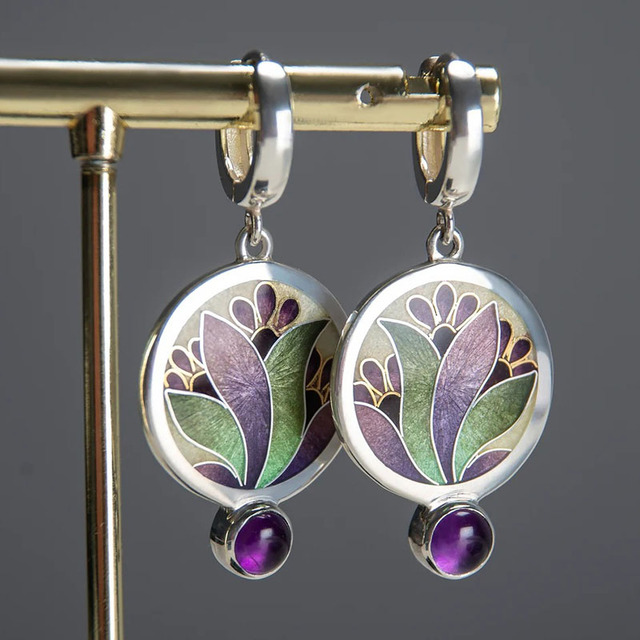 Sterling Silver Boho Earrings Adorned with Purple Crystals