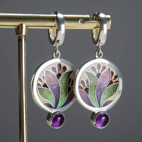 Sterling Silver Boho Earrings Adorned with Purple Crystals