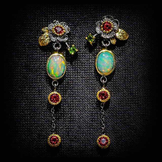 Bohemian Opal and Red Zirconia Earrings