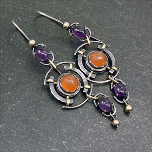Retro Silver Earrings with Purple and Orange Crystals