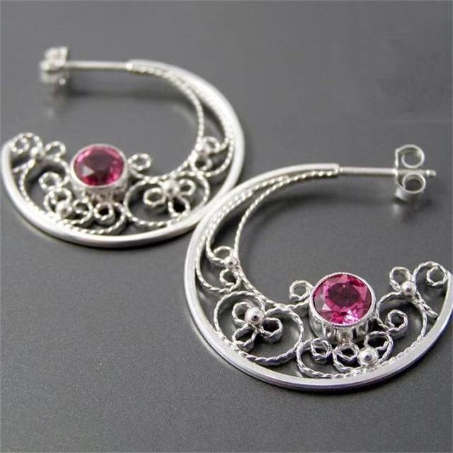 Retro Silver Earrings with Moon Crystal Accents