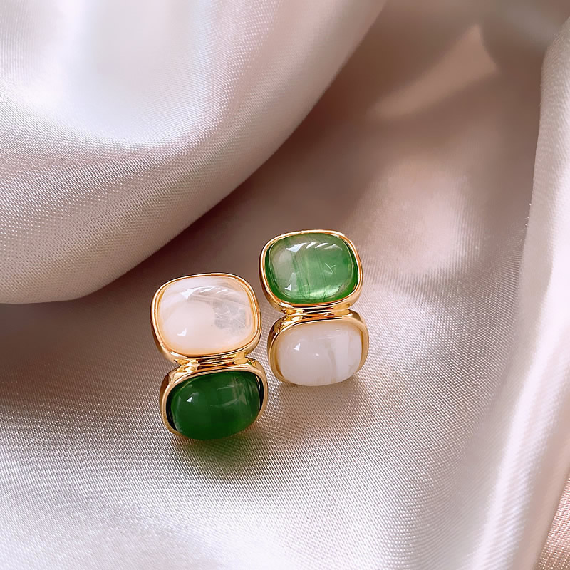 Chic Gold Earrings Adorned with White and Green Gemstones