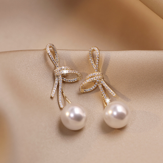 Gold Bow-Accent Pearl Earrings