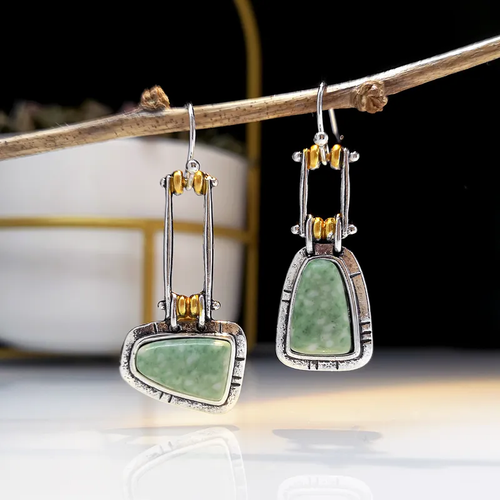 Antique Green Stone Silver Earrings
