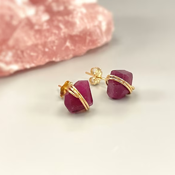 Retro Golden Earrings with Red Stone Accent
