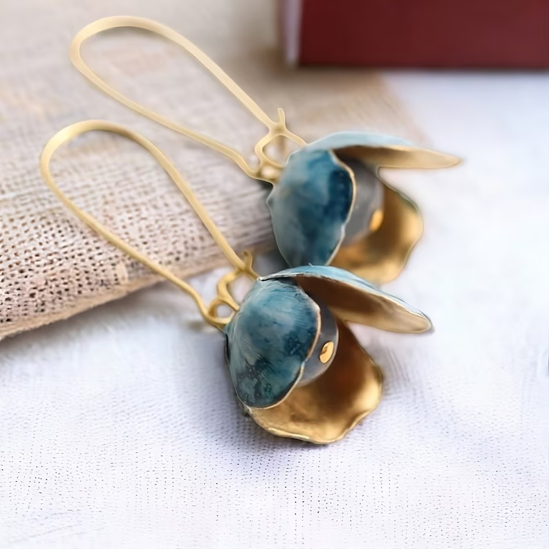 Retro Blue Lotus Gold Earrings