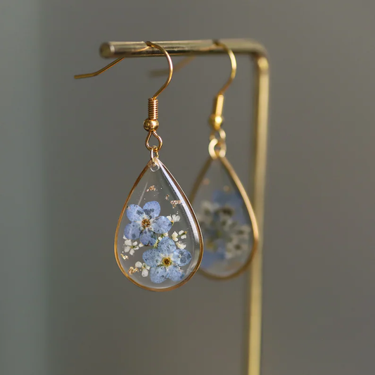 Retro Blue Floral Crystal Dangle Earrings