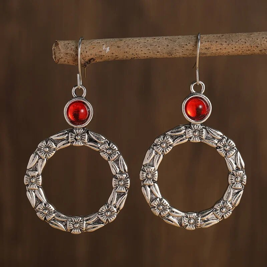 Retro Red Zirconia Circle Earrings