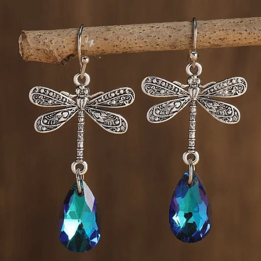 Retro Blue Zirconia Dragonfly Drop Earrings