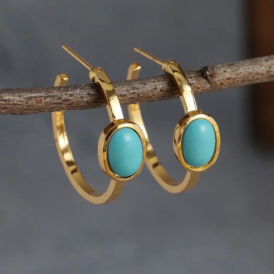 Retro Golden Earrings with Turquoise Stone