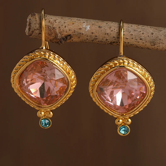 Classic Golden Earrings with Vintage Red Zirconia