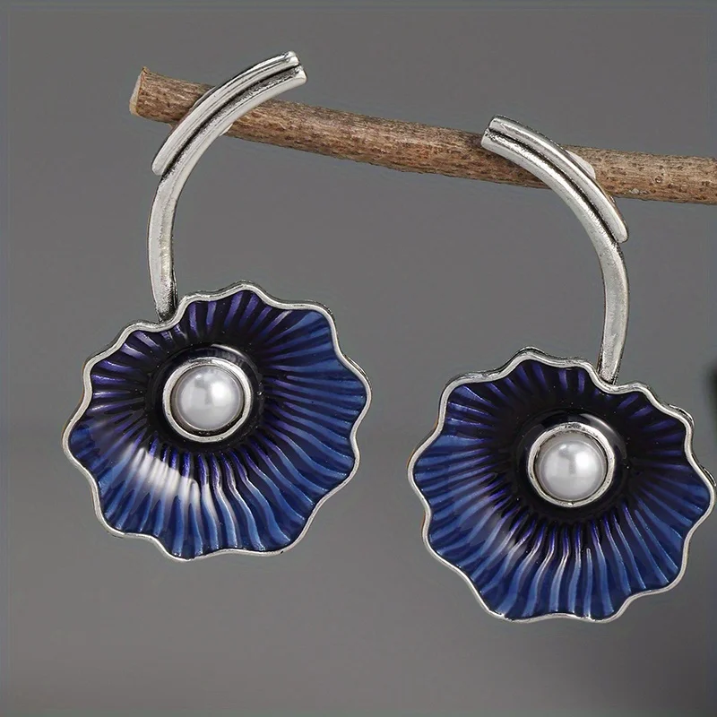 Classic Blue Lotus Pearl Drop Earrings