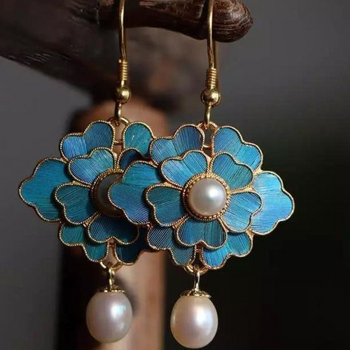 Retro Blue Lotus Pearl Drop Earrings