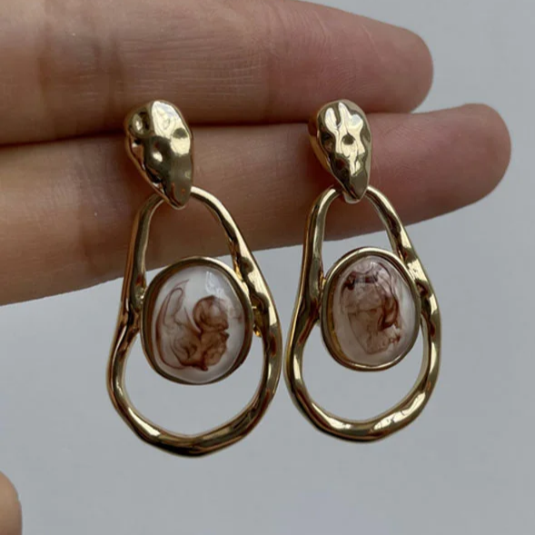 Retro White Stone Asymmetrical Gold Earrings