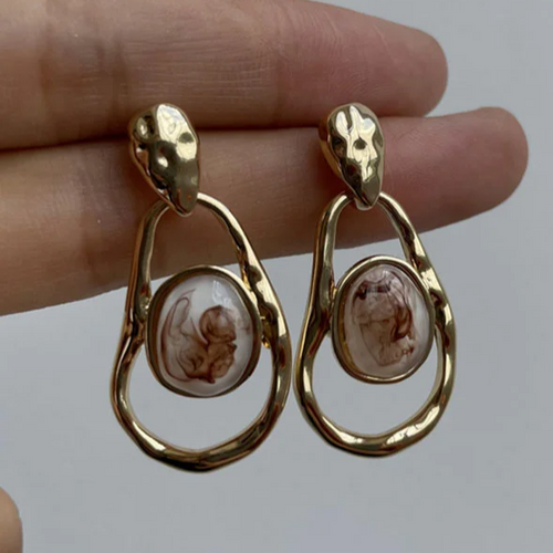 Retro White Stone Asymmetrical Gold Earrings